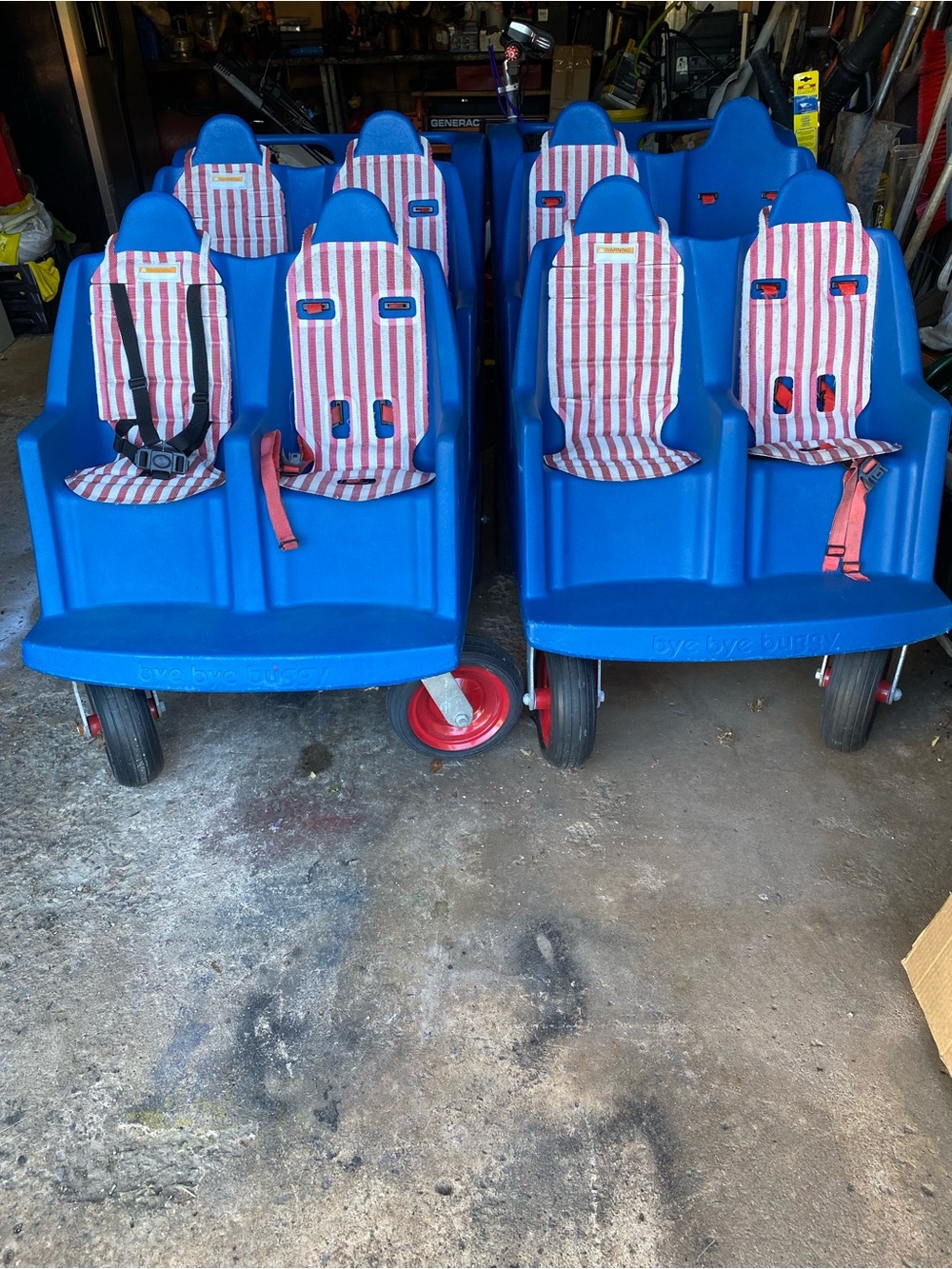 Blue Multi-Seat Kids Wagon with Striped Seat Covers - Bygones?